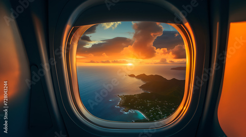 view from an airplane window - islands and ocean under beautiful sunset 