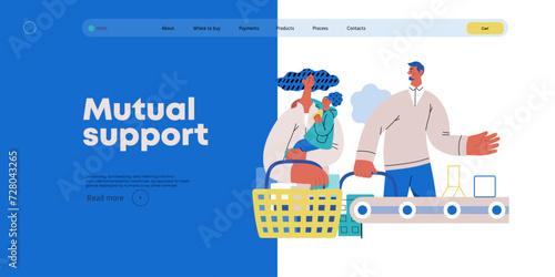 Mutual Support: Skip ahead in line -modern flat vector concept illustration of man letting woman with child go ahead in shop checkout line A metaphor of voluntary, collaborative exchanges of services