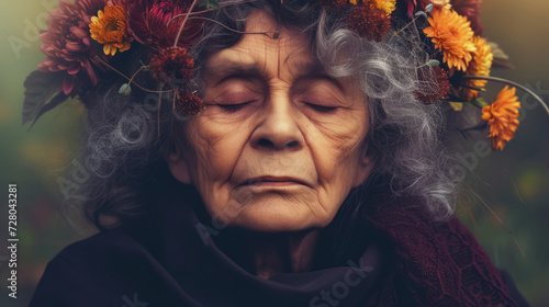 An elderly woman with flowers on her head and her eyes closed. She dreams or regrets something or meditates. The aging process