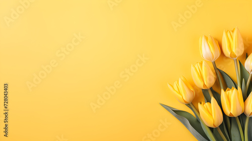 beautiful bunch of ember, yellow tulips flowers on decent yellow background - the background offers lots of space for text	 photo