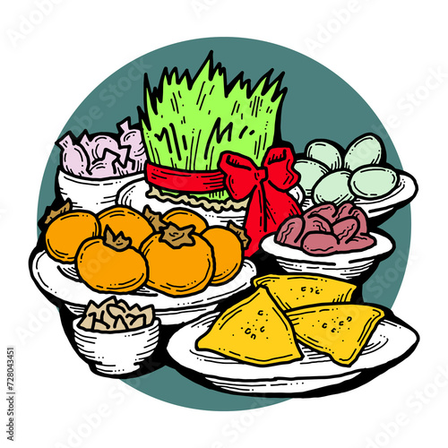 Spring Persian celebration of Nowruz with traditional green weeds, sweets, fruits table decoration. Hand drawn retro vintage colorful illustration. Old school style drawing.