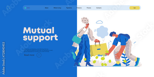 Mutual Support: Pick up fallen item -modern flat vector concept illustration of man collecting fruits that fell from woman's bag A metaphor of voluntary, collaborative exchanges of resource, services