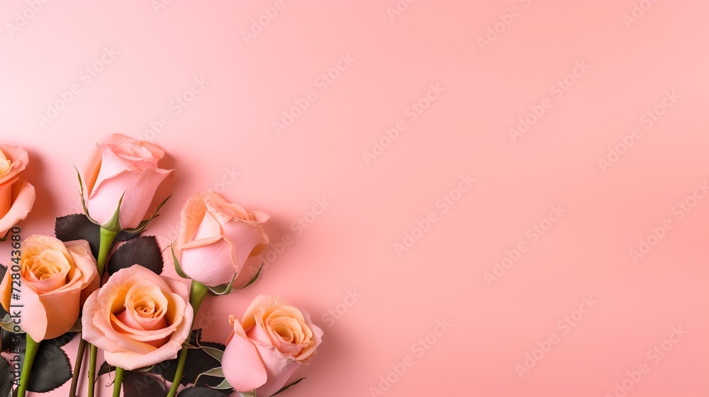 close up of beautiful bunch of pink roses flowers on decent light rose background - the background offers lots of space for text
