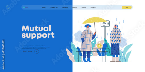 Mutual Support: Offer an umbrella to a stranger -modern flat vector concept illustration of a at a bus stop in the rain offering an umbrella A metaphor of voluntary, collaborative exchanges