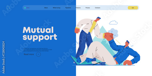 Mutual Support: Helping a fallen person get up -modern flat vector concept illustration of man assisting another man to stand up A metaphor of voluntary, collaborative exchanges of resource, services