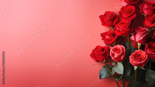 close up of beautiful bunch of red roses flowers on decent light red background - the background offers lots of space for text