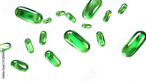 Faling Green medical capsules on white or transparent background