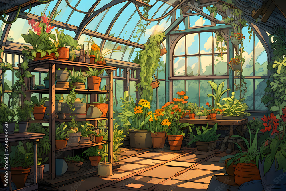 Cartoon greenhouse illustrated greenhousse, cartoon, growing plants in a cartoon greenhouse