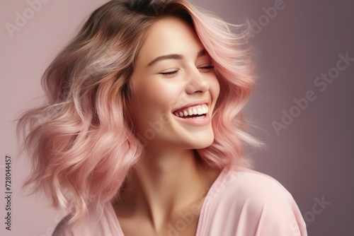 Woman With Pink Hair Smiling and Laughing
