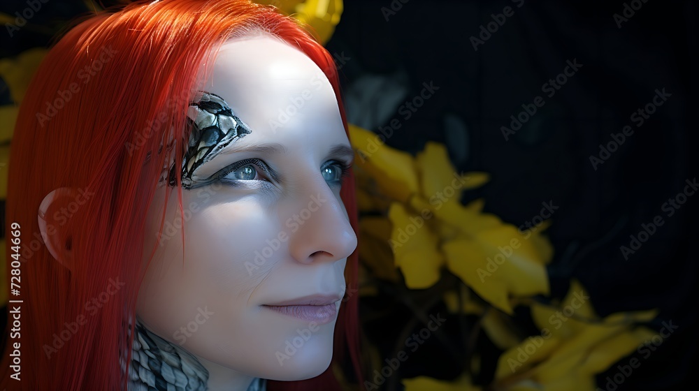 mysterious woman with vibrant red hair and scales against yellow leaves