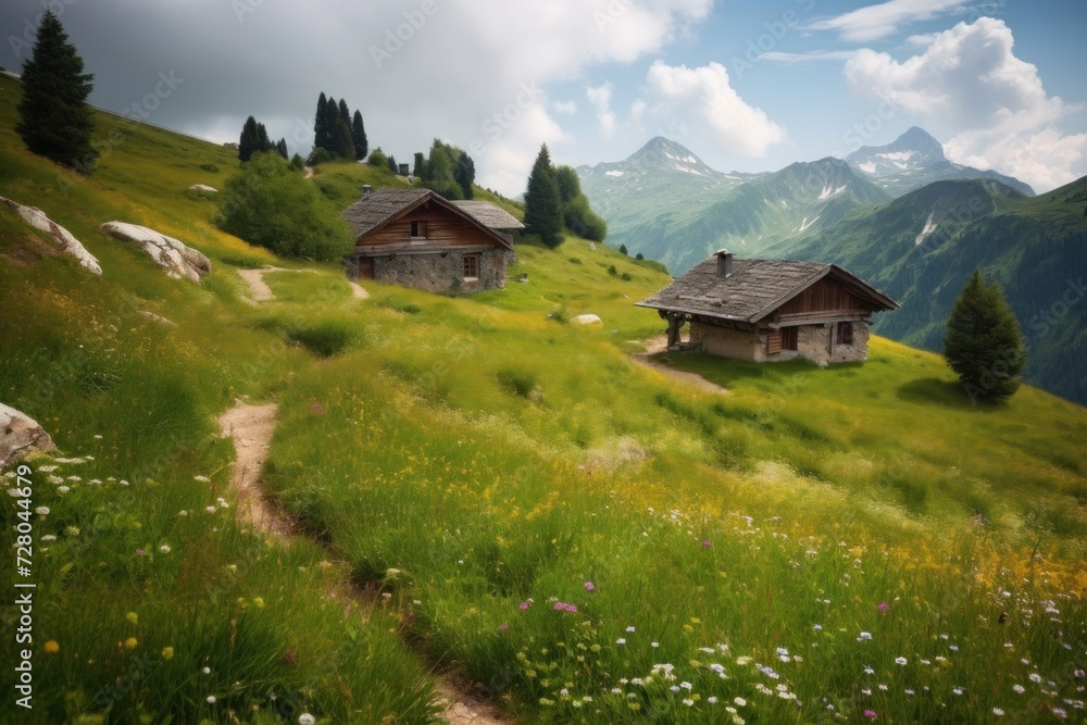 Houses Nestled on a Verdant Hillside, Alpine old style village