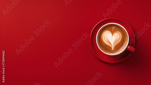close up of red cup of cappuccino coffee on neat red background from above - foam forming a heart