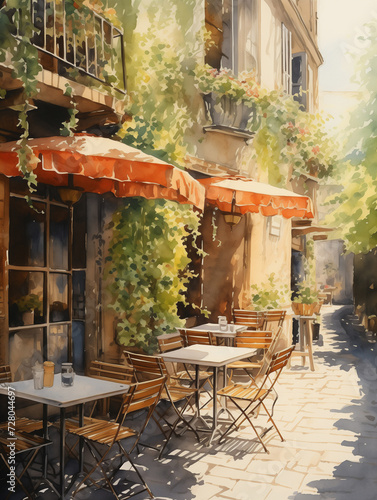 Cozy european cafe outdoor, watercolor