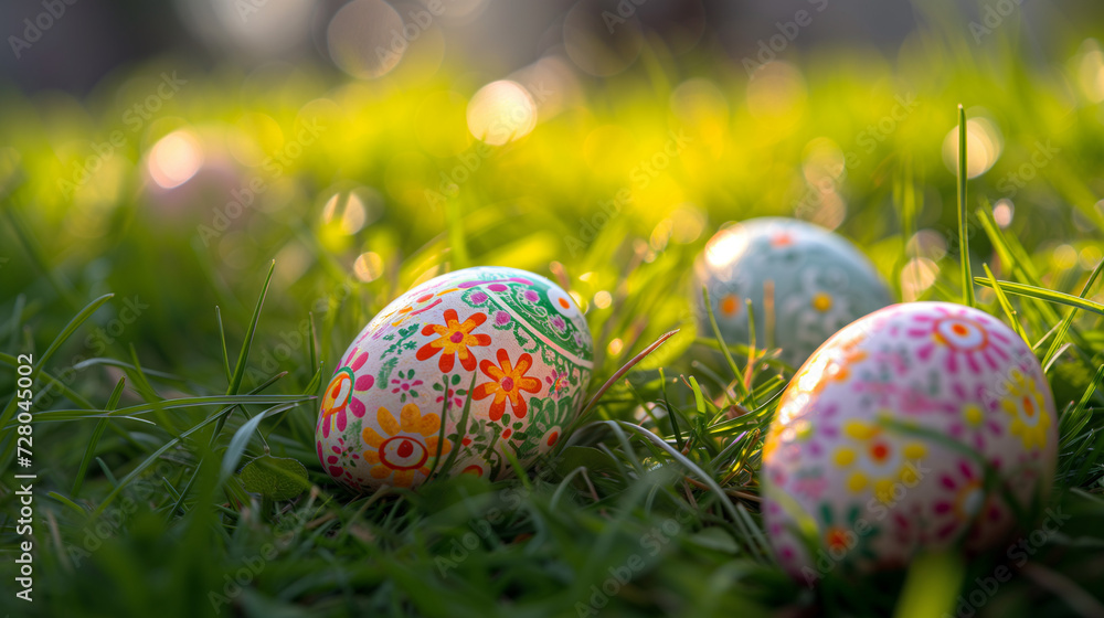 Decorated and painted easter eggs laying in the grass. Eggs in field with colorful patterns. Peace, nature and easter theme. Decorated and painted easter eggs laying in the grass. Eggs in field with colorful patterns. Peace, nature and easter theme.