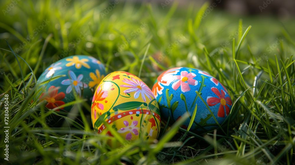 Decorated and painted easter eggs laying in the grass. Eggs in field with colorful patterns. Peace, nature and easter theme. Decorated and painted easter eggs laying in the grass. Eggs in field with colorful patterns. Peace, nature and easter theme.