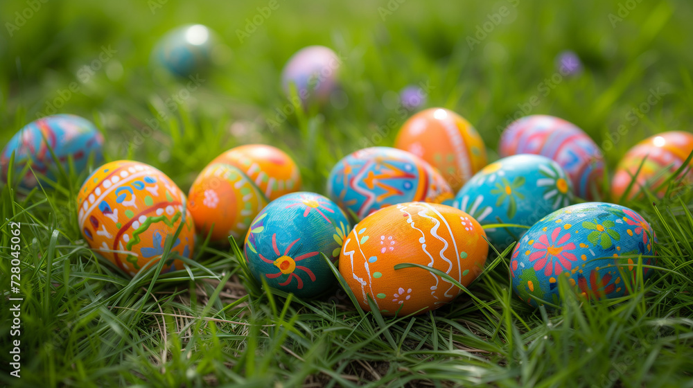 Decorated and painted easter eggs laying in the grass. Eggs in field with colorful patterns. Peace, nature and easter theme.