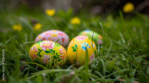 Decorated and painted easter eggs laying in the grass. Eggs in field with colorful patterns. Peace, nature and easter theme.