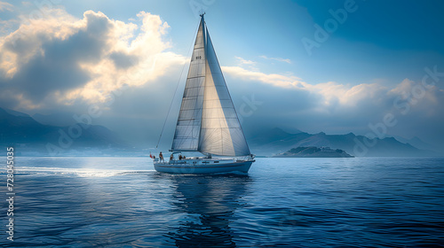 A photo of a sailboat  with azure waters as the background
