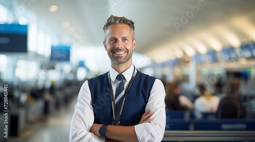 Handsome middle-aged steward smiling and looking at the camera in an airport