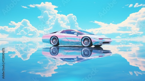A science fiction car in fluorescent colors on a blue background