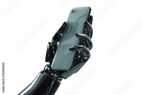 Cyborg robotic hand operates smartphone - 3D rendering isolated on free PNG background.