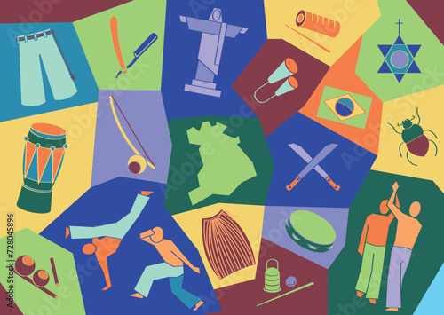 Capoeira culture symbols background. Capoeira instruments like, berimbau, atabaque, agogo, pandeiro. People playing capoeira angola and regional. Vector icon collection colorful design. 