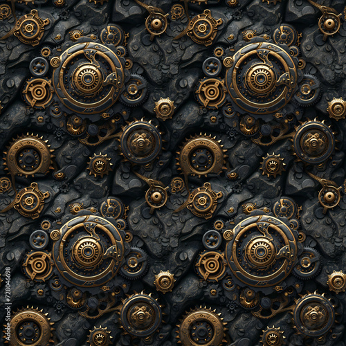 Steampunk Style Gears on Grunge Texture. Seamless Repeatable Background.