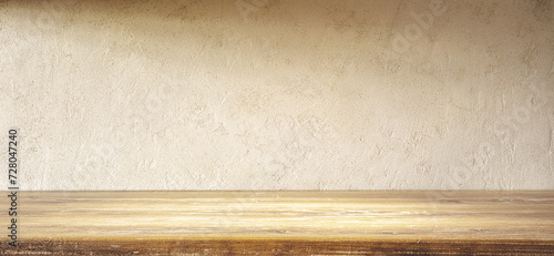 Fotografía Empty Wooden Table Top With Textured Beige Wall Background in Soft Light