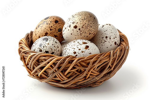 Raw quail eggs in basket isolated. Quail eggs on white background. Healthy diet.