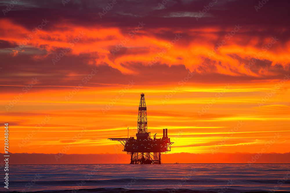 oil rig at sunset ocean	