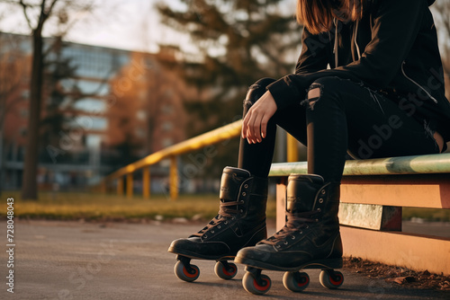 Young woman wearing inline skates sitting on a park photo