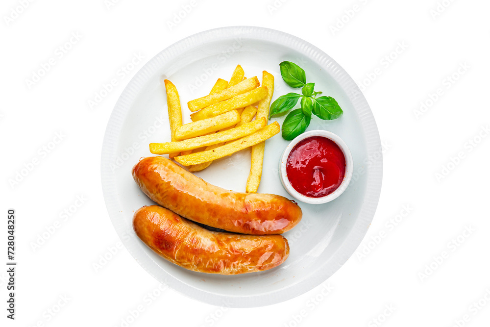 sausage french fries fast food fried meat and potatoes tasty fresh eating cooking meal food snack on the table copy space food background rustic top view sausage french fries fast food fried meat and potatoes tasty fresh eating cooking meal food snack on the table copy space food background rustic top view
