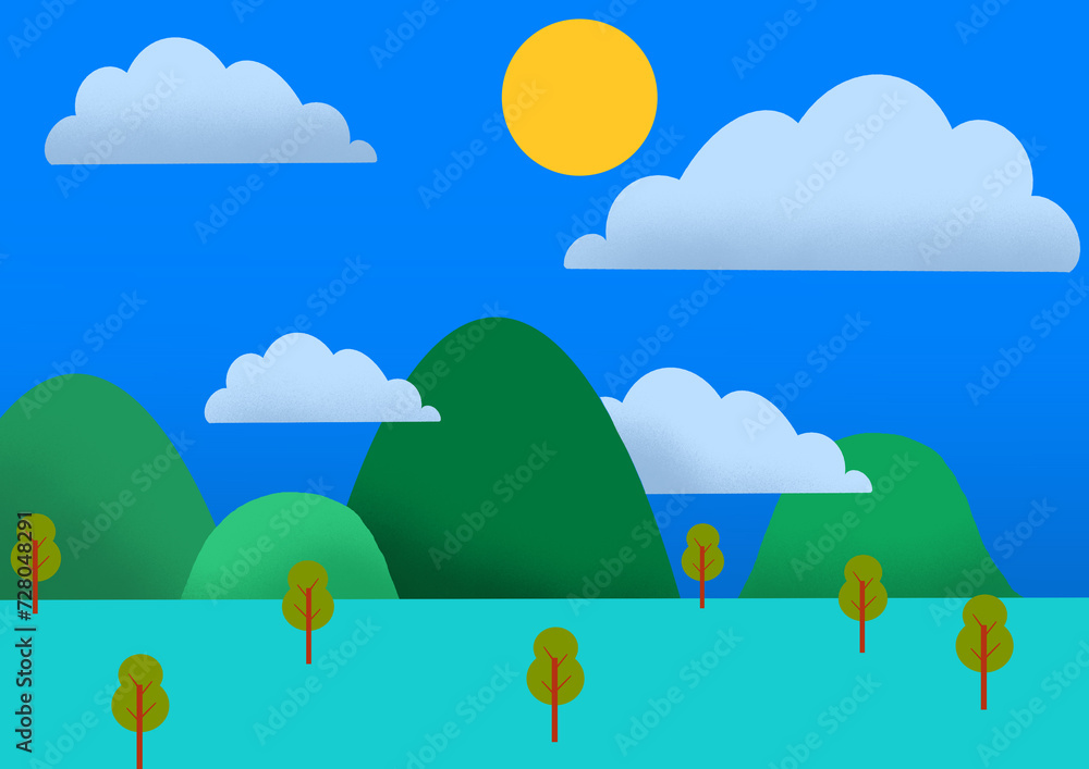 Fototapeta premium Illustration Landscape mountain bright day with cloud and sun flate design