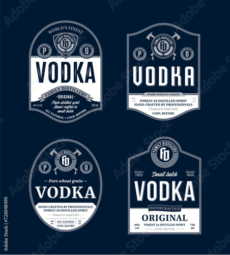 Vector blue and white vodka label templates. Distilling business branding and identity design elements