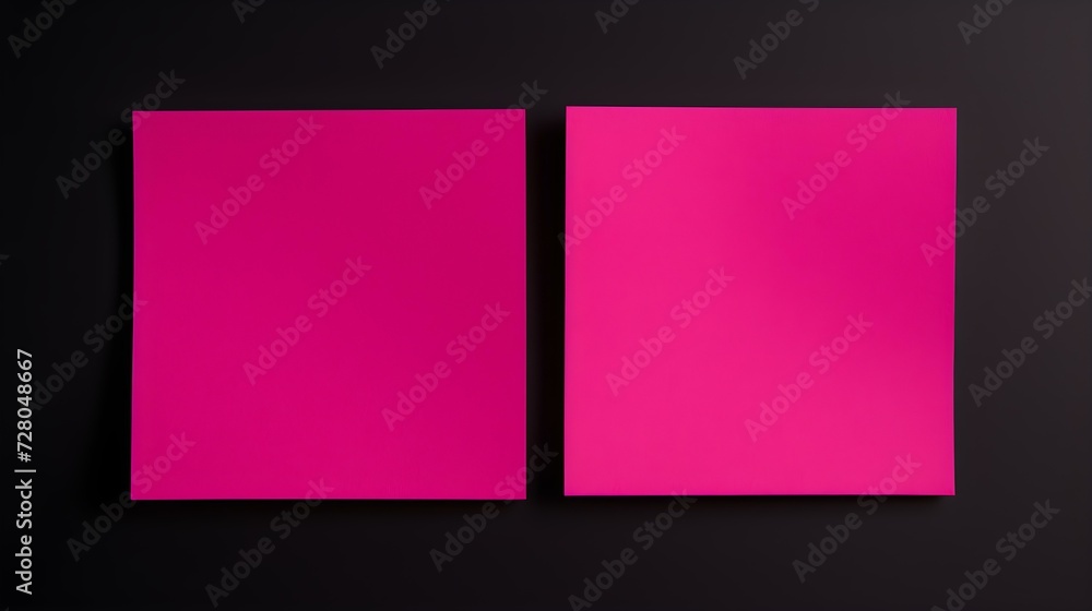 Two Magenta square Paper Notes on a black Background. Brainstorming Template with Copy Space