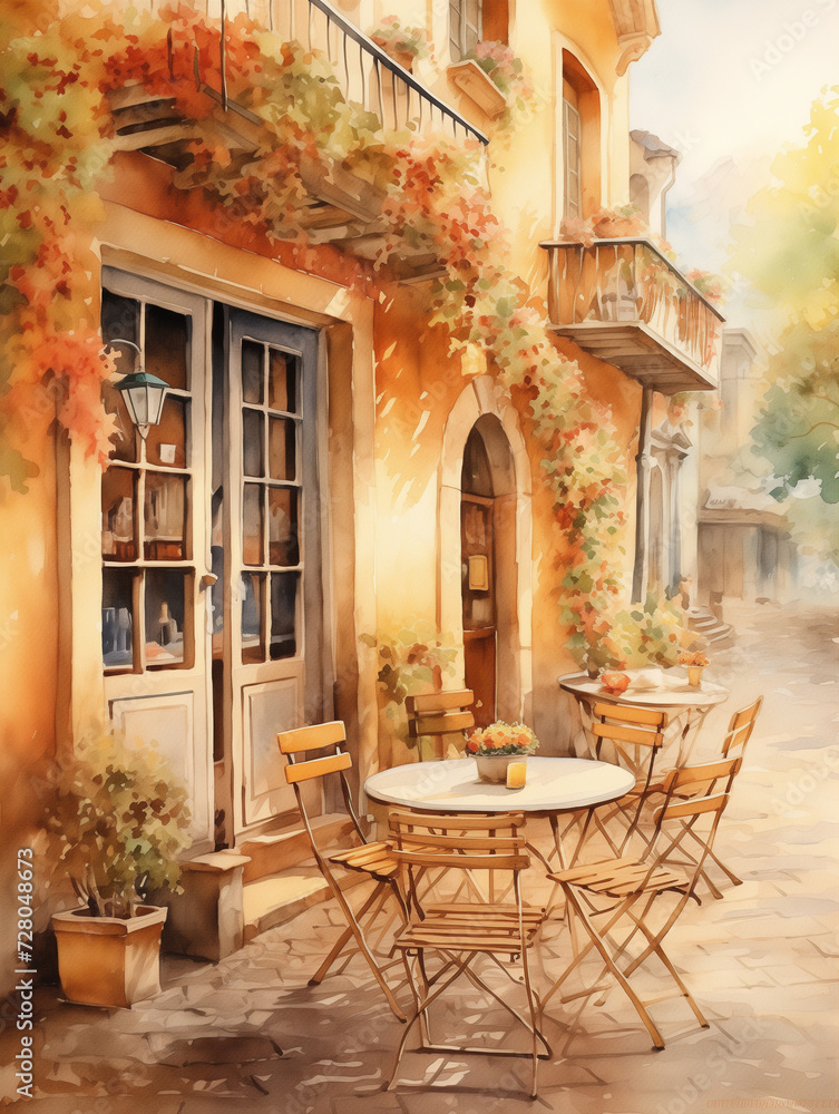 Cozy european Italy cafe outdoor in autumn, watercolor