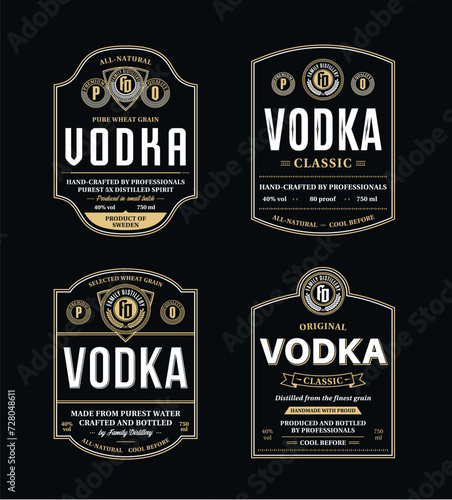 Vector black and gold vodka label templates. Distilling business branding and identity design elements