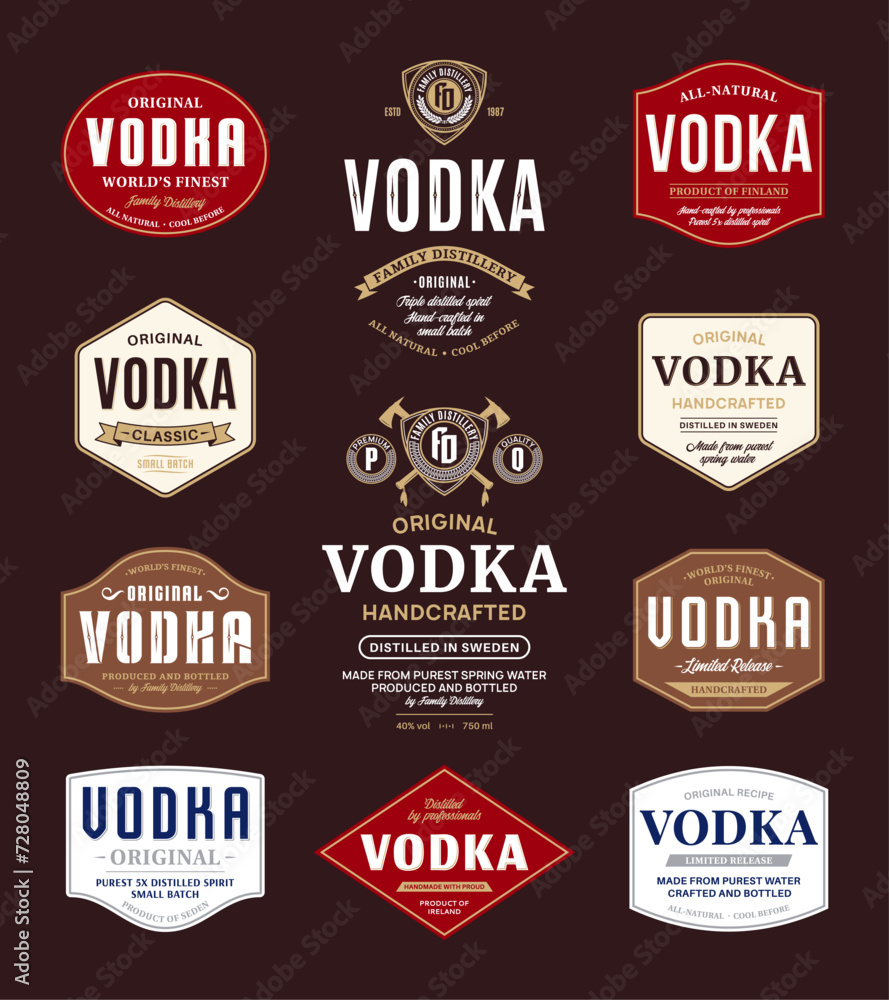 Vodka labels and packaging design templates. Vodka badges set. Distilling business branding and identity design elements