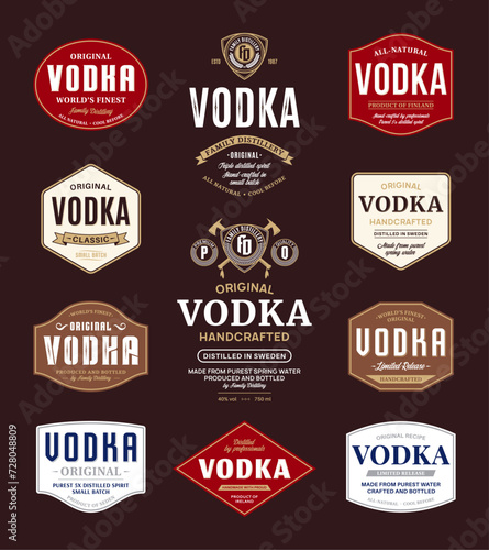 Vodka labels and packaging design templates. Vodka badges set. Distilling business branding and identity design elements