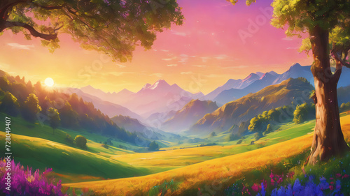 Illustration of a beautiful fantasy paradise, golden, meadows, hills, colorful, vibrant colors, maximalist, 8k photo, animestyle, dynamic, pov, trending on artstation
