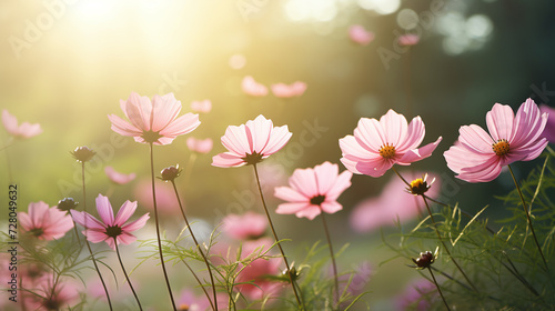 banner with pink garden cosmos flowers on a summer meadow with warm light