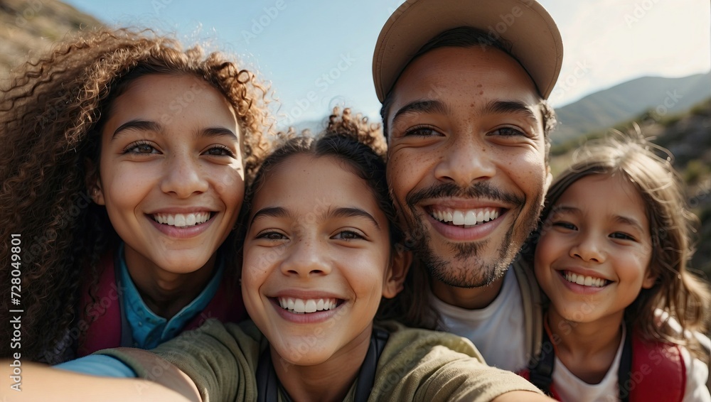 Family selfie on a hike, with smiling diverse siblings and parents, enjoying nature together.