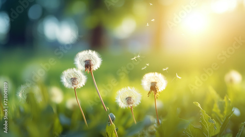 dandelion flowers on a summer meadow with warm light