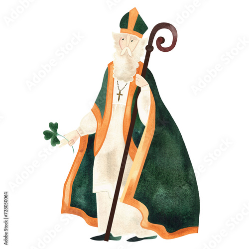 Saint Patrick, patron saint of Ireland. Religious Catholic saint. Full figure with staff and clover shamrock. Isolated watercolor illustration on white background. Character.