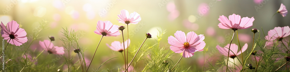banner with pink garden cosmos flowers on a  summer meadow with warm light
