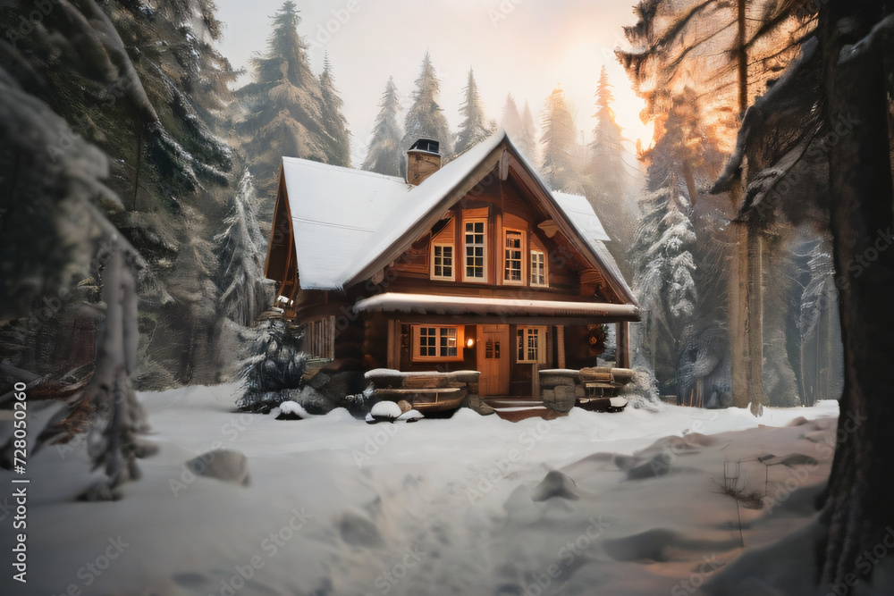 A cozy cabin in the woods surrounded by snow A cozy cabin in the woods surrounded by snow