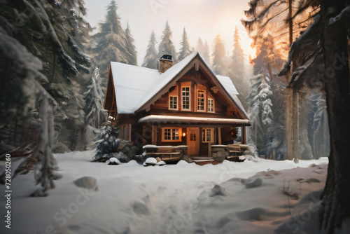 A cozy cabin in the woods surrounded by snow © Marcel