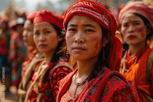 Women in traditional attire with red headscarves, part of a cultural ceremony