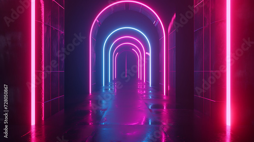 Enigmatic 3D render of a neon-lit portal or gateway  with dynamic shapes and colors hinting at a mysterious dimension