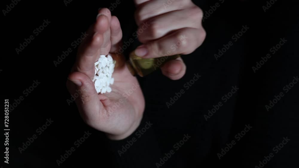 capsules in hand, treatment, folk medicine. pours pills from a jar into his palm. close-up capsules in hand, treatment, folk medicine. pours pills from a jar into his palm. close-up
